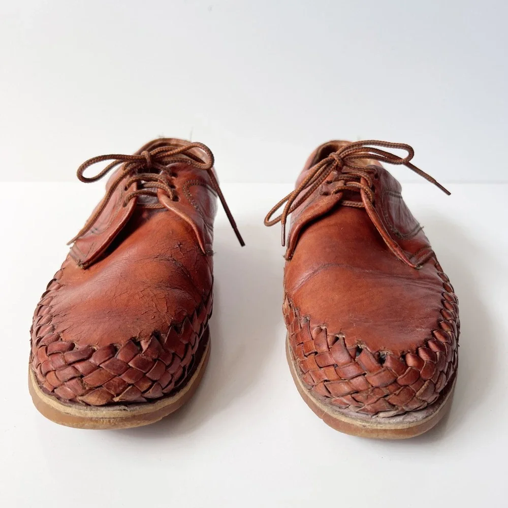Vintage Huarache Oxford Shoes Size 9.5 Mens Tan Woven Leather Lace Up Fisherman